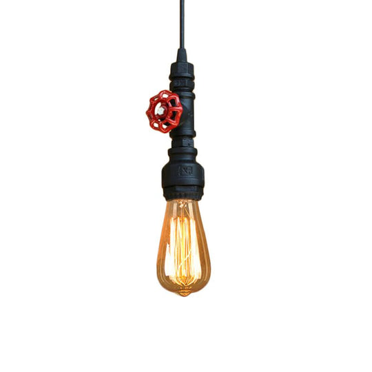 Rustic Pipe Hanging Lamp: Farmhouse Style Wrought Iron Light Fixture with Red Valve - Black/Silver/Brass