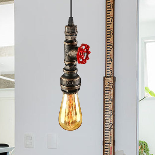 Rustic Pipe Hanging Lamp: Farmhouse Style Wrought Iron Light Fixture with Red Valve - Black/Silver/Brass