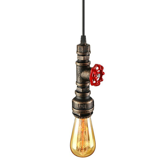 Rustic Pipe Hanging Lamp: Farmhouse Style Wrought Iron Light Fixture with Red Valve - Black/Silver/Brass