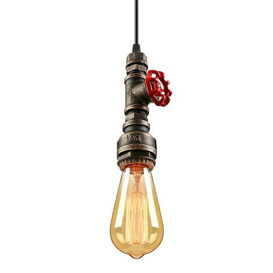 Rustic Pipe Hanging Lamp: Farmhouse Style Wrought Iron Light Fixture with Red Valve - Black/Silver/Brass