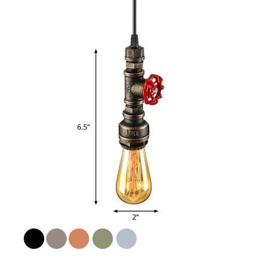 Rustic Pipe Hanging Lamp: Farmhouse Style Wrought Iron Light Fixture with Red Valve - Black/Silver/Brass