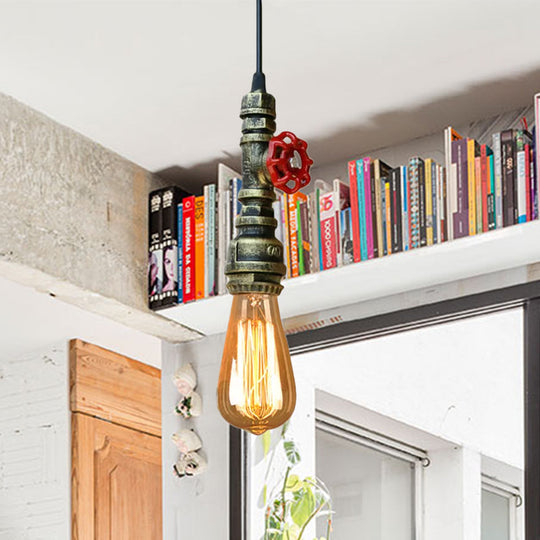 Rustic Pipe Hanging Lamp: Farmhouse Style Wrought Iron Light Fixture with Red Valve - Black/Silver/Brass