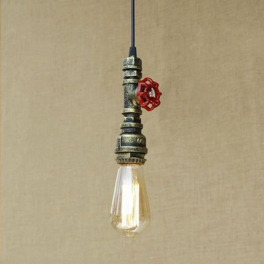 Rustic Pipe Hanging Lamp: Farmhouse Style Wrought Iron Light Fixture with Red Valve - Black/Silver/Brass