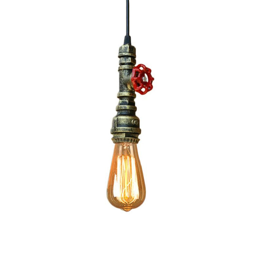 Rustic Pipe Hanging Lamp: Farmhouse Style Wrought Iron Light Fixture with Red Valve - Black/Silver/Brass