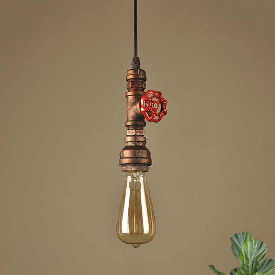 Rustic Pipe Hanging Lamp 1-Bulb Wrought Iron Light Fixture With Red Valve In Black/Silver/Brass