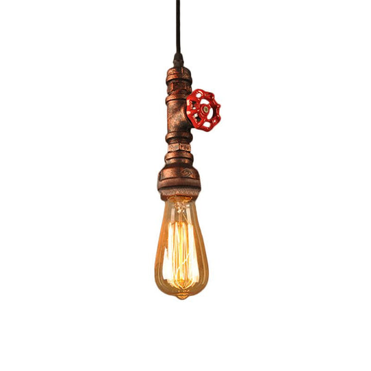 Rustic Pipe Hanging Lamp 1-Bulb Wrought Iron Light Fixture With Red Valve In Black/Silver/Brass