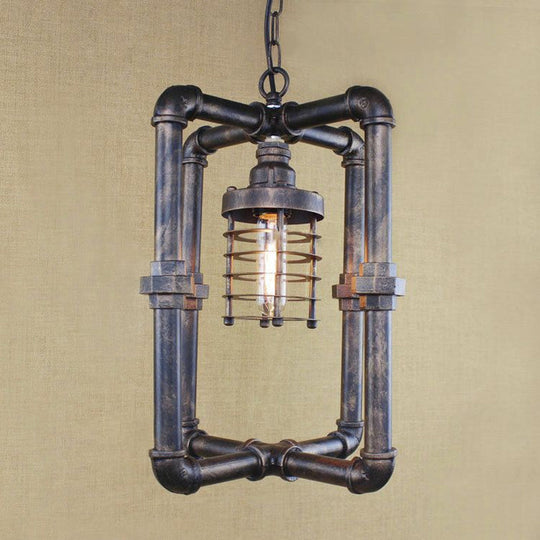 Industrial Iron Rust Cylinder Cage Hanging Light Fixture with Rectangular Pipe - 1 Bulb Ceiling Lighting