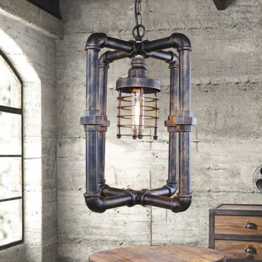 Industrial Iron Rust Cylinder Cage Hanging Light Fixture with Rectangular Pipe - 1 Bulb Ceiling Lighting