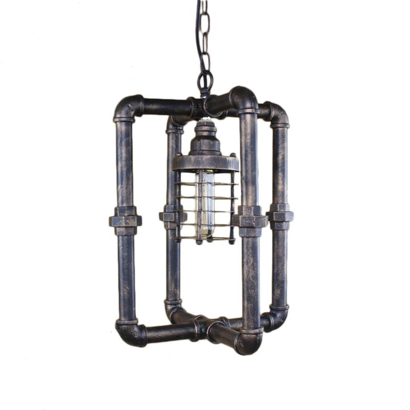 Industrial Iron Rust Cylinder Cage Hanging Light Fixture with Rectangular Pipe - 1 Bulb Ceiling Lighting