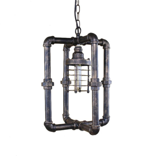 Industrial Iron Rust Cylinder Cage Hanging Light Fixture with Rectangular Pipe - 1 Bulb Ceiling Lighting