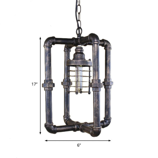 Industrial Iron Rust Cylinder Cage Hanging Light Fixture with Rectangular Pipe - 1 Bulb Ceiling Lighting