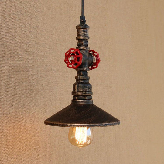 Vintage Brass Saucer Pendant Light with Accentuated Red Valve Deco – Ideal for Dining Room