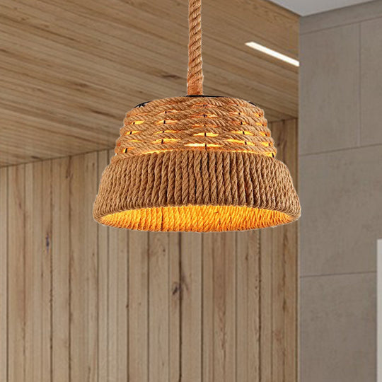 Countryside Beige Cone Pendant Light With Natural Rope Ideal For Dining Room