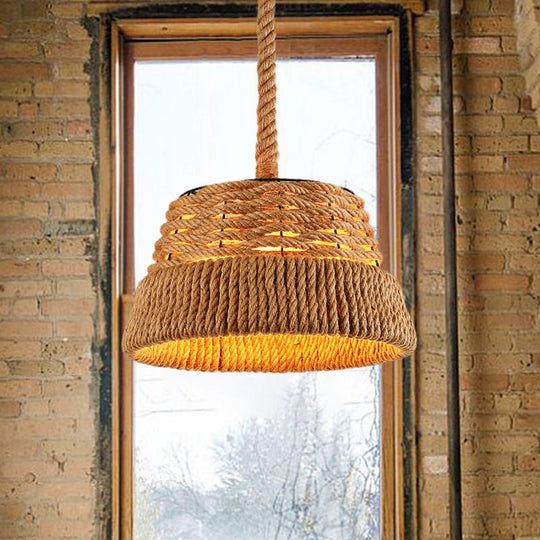 Countryside Beige Cone Pendant Light With Natural Rope Ideal For Dining Room