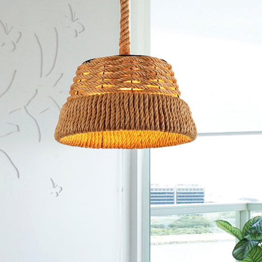 Countryside Beige Cone Pendant Light With Natural Rope Ideal For Dining Room