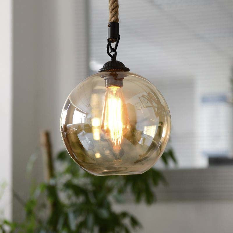 Vintage Style Amber Glass Pendant Light with Hanging Rope for Restaurants