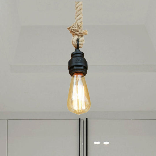 Farmhouse Style Black Finish Pendant Lighting - Metal And Rope Accentuates Exposed Bulb