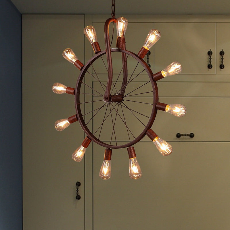 Copper Wheel Ceiling Light With 12 Lights And Adjustable Chain Weathered