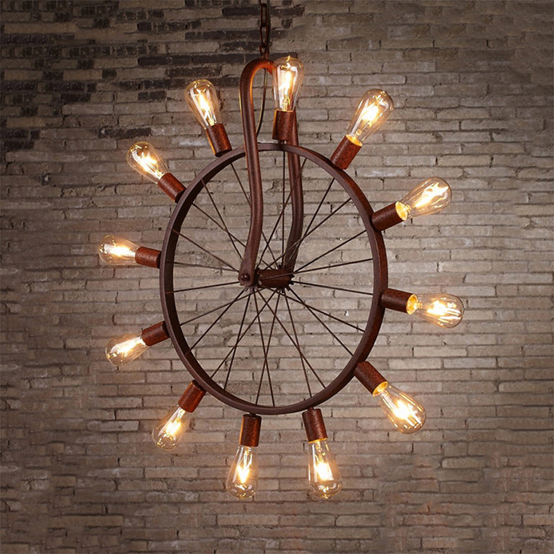 Antique Copper Wheel Ceiling Light - Metal 12 Lights Pendant Fixture with 39" Adjustable Chain