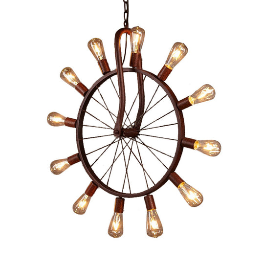 Antique Copper Wheel Ceiling Light - Metal 12 Lights Pendant Fixture with 39" Adjustable Chain