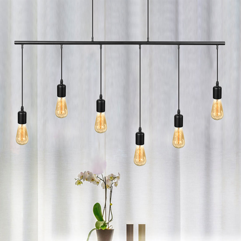 Vintage Industrial Black Metal Pendant Light - Multi Linear Island Ceiling Lamp With Open Bulbs