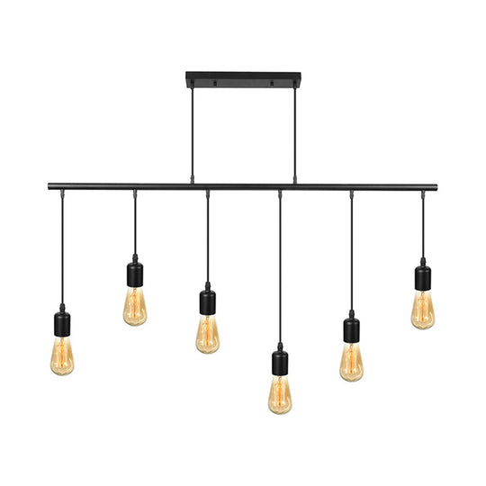 Vintage Industrial Black Metal Pendant Light - Multi Linear Island Ceiling Lamp With Open Bulbs