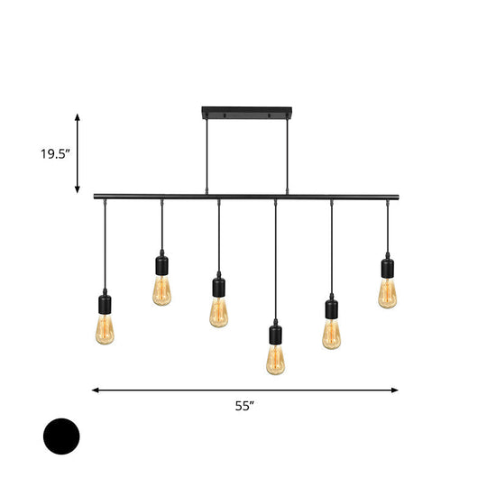 Vintage Industrial Black Metal Pendant Light - Multi Linear Island Ceiling Lamp With Open Bulbs