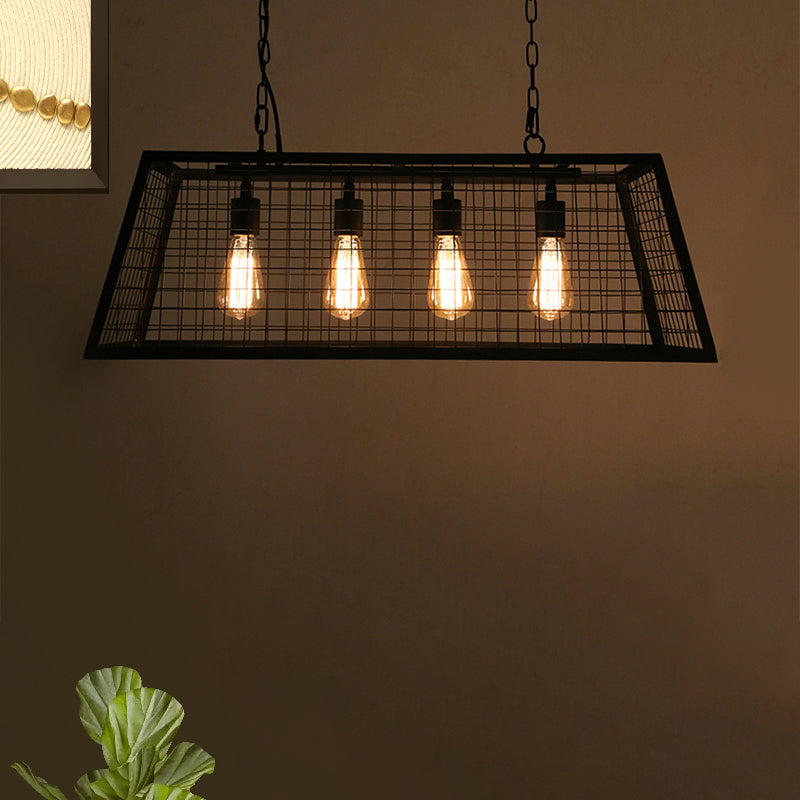 Vintage Stylish Trapezoid Cage Pendant Lamp - Metal Hanging Light Fixture With Adjustable Chain