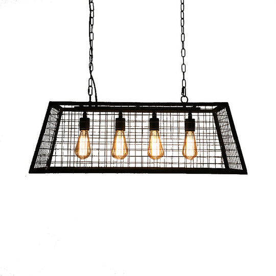 Vintage Stylish Trapezoid Cage Pendant Lamp - Metal Hanging Light Fixture With Adjustable Chain