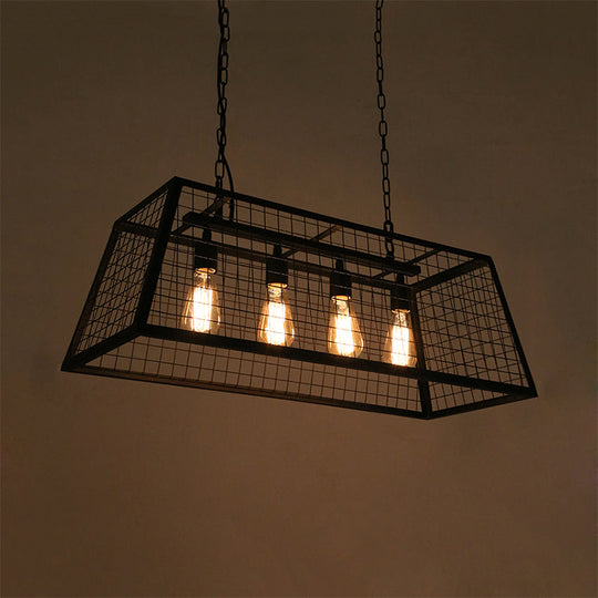 Vintage Stylish Trapezoid Cage Pendant Lamp - Metal Hanging Light Fixture With Adjustable Chain