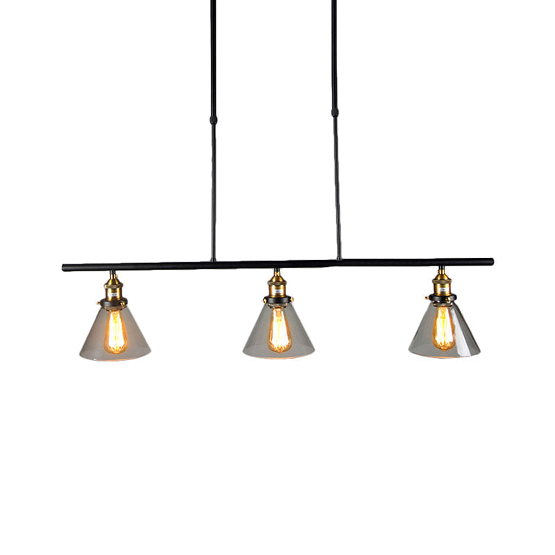 Farmhouse Cone Shade Pendant 3-Light Clear Glass Island Lamp In Black - Ideal For Dining Room