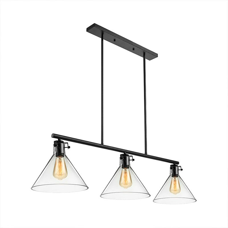 Industrial Cone Clear Glass Island Lamp In Black For Dining Table - 2/3 Lights Hanging Lighting