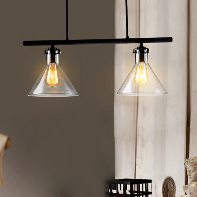 Industrial Cone Clear Glass Island Lamp In Black For Dining Table - 2/3 Lights Hanging Lighting