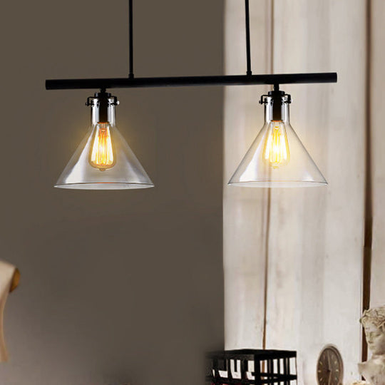 Industrial Cone Clear Glass Island Lamp In Black For Dining Table - 2/3 Lights Hanging Lighting