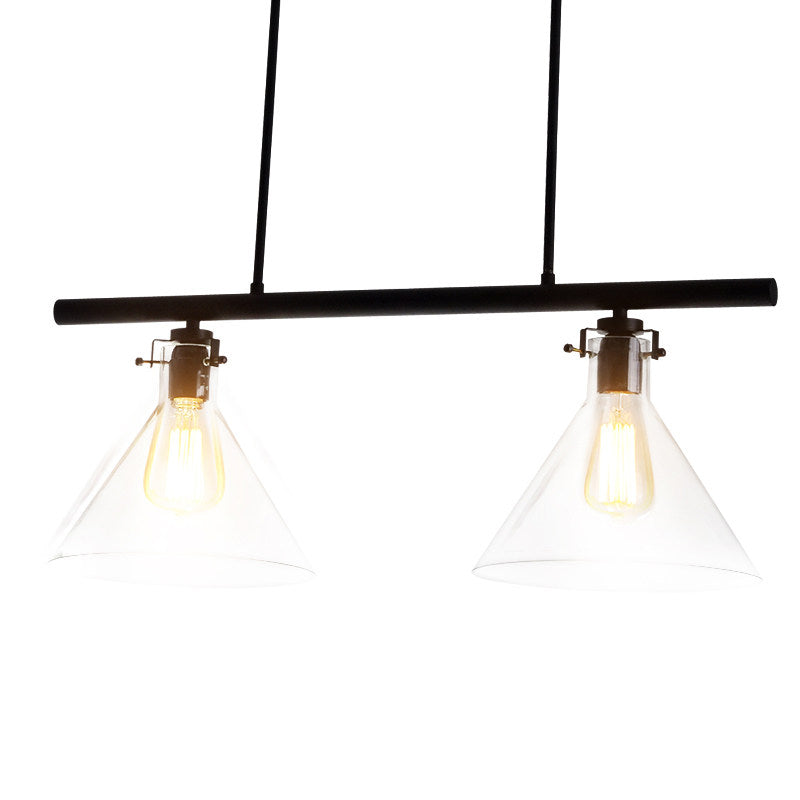 Industrial Cone Clear Glass Island Lamp In Black For Dining Table - 2/3 Lights Hanging Lighting