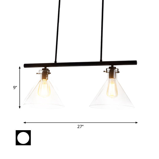 Industrial Cone Clear Glass Island Lamp In Black For Dining Table - 2/3 Lights Hanging Lighting