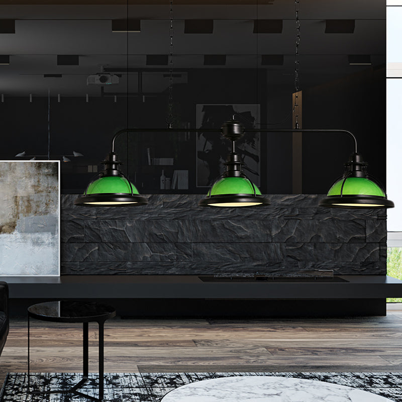 White/Green Glass Dome Pendant Lighting With Industrial Vibe - 3 Lights Ideal For Dining Table