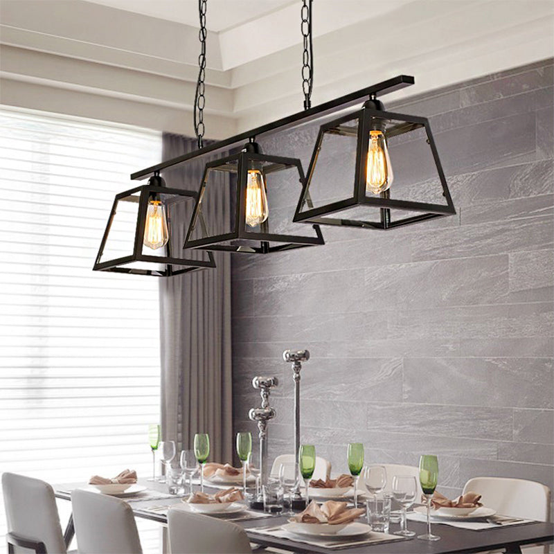 Black Pyramid Island Light: Industrial Metal 3-Bulb Hanging Lamp With Glass Panel - Kitchen Fixture