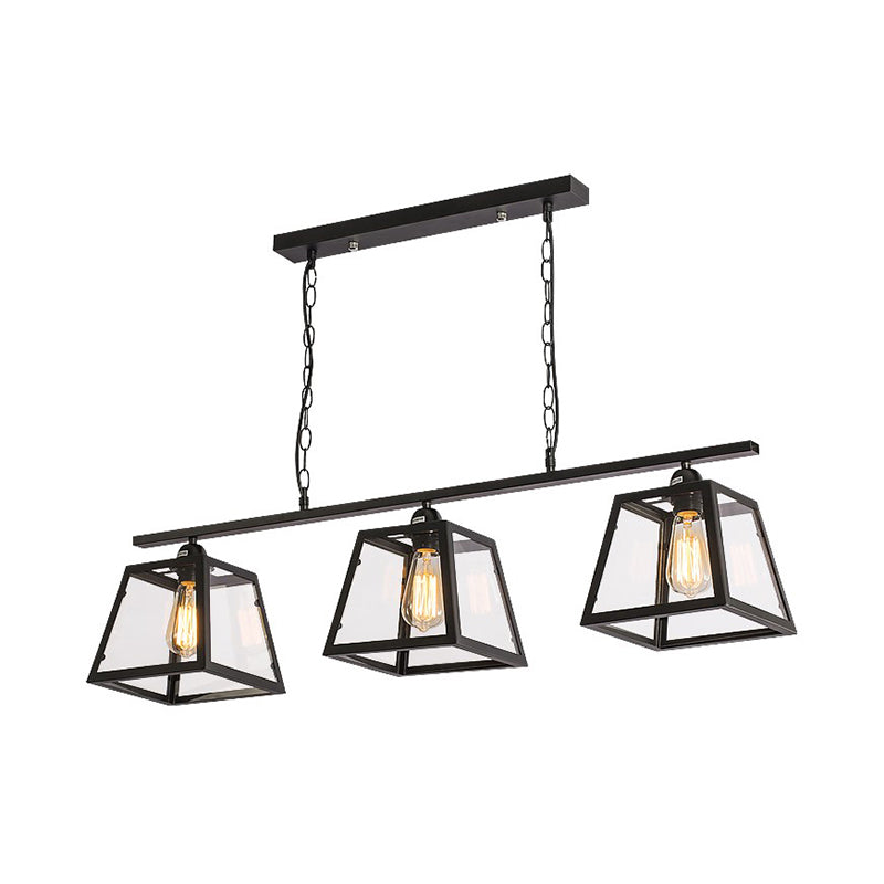 Black Pyramid Island Light: Industrial Metal 3-Bulb Hanging Lamp With Glass Panel - Kitchen Fixture