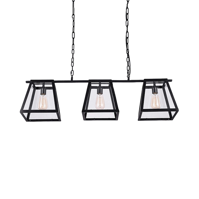 Black Pyramid Island Light: Industrial Metal 3-Bulb Hanging Lamp With Glass Panel - Kitchen Fixture