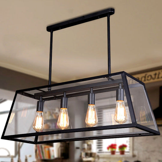 Industrial Trapezoid 4-Light Island Lamp In Black With Clear Glass And Chain/Downrods