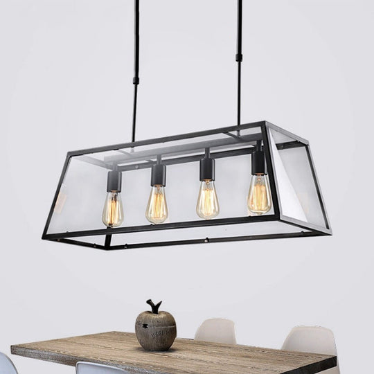 Industrial Trapezoid 4-Light Island Lamp In Black With Clear Glass And Chain/Downrods