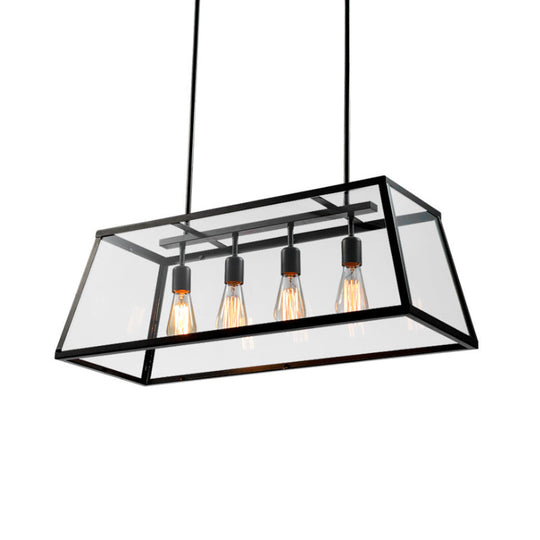 Industrial Trapezoid 4-Light Island Lamp In Black With Clear Glass And Chain/Downrods