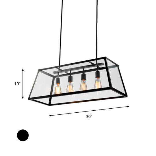 Industrial Trapezoid 4-Light Island Lamp In Black With Clear Glass And Chain/Downrods