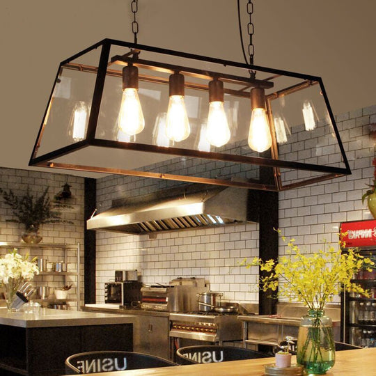 Industrial Trapezoid 4-Light Island Lamp In Black With Clear Glass And Chain/Downrods