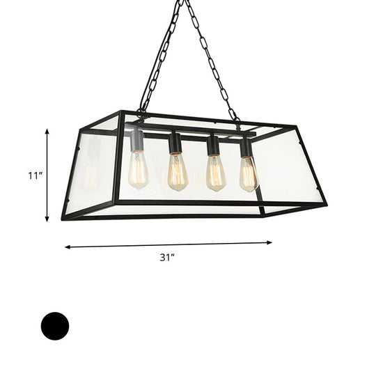 Industrial Trapezoid 4-Light Island Lamp In Black With Clear Glass And Chain/Downrods