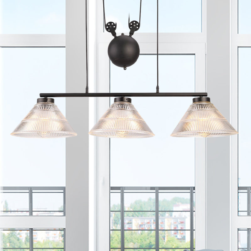 Adjustable Pulley Industrial Cone Pendant With Prismatic Glass - Black 2/3-Light Island Lamp 3 /