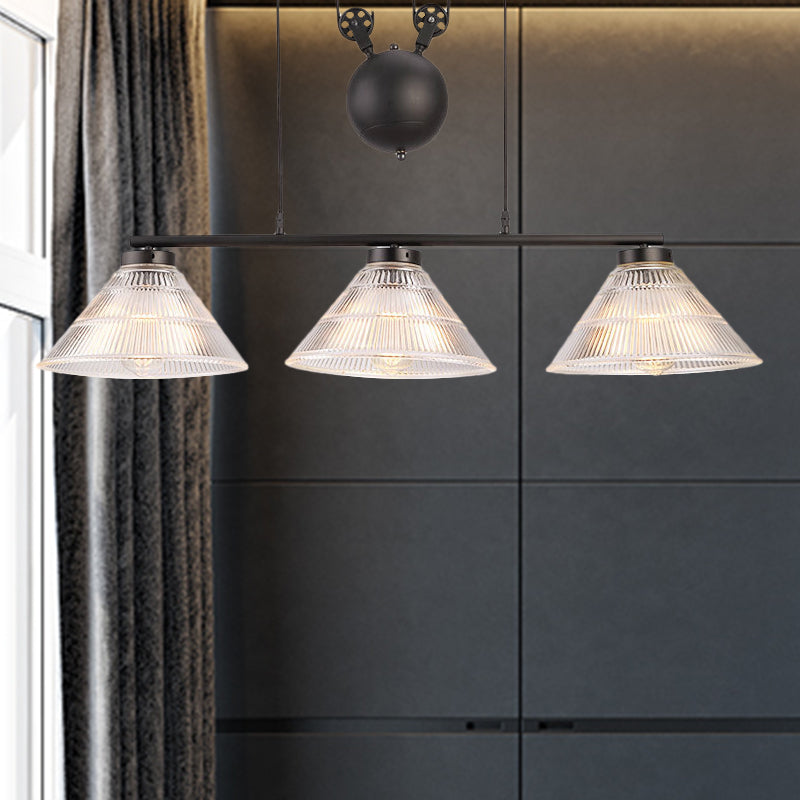 Adjustable Pulley Industrial Cone Pendant With Prismatic Glass - Black 2/3-Light Island Lamp