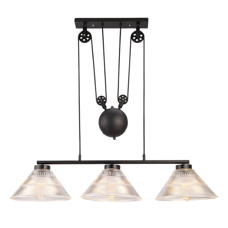 Adjustable Pulley Industrial Cone Pendant With Prismatic Glass - Black 2/3-Light Island Lamp