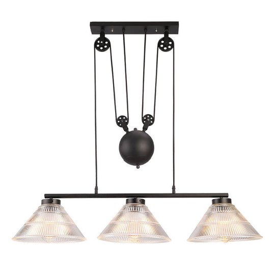 Adjustable Pulley Industrial Cone Pendant With Prismatic Glass - Black 2/3-Light Island Lamp